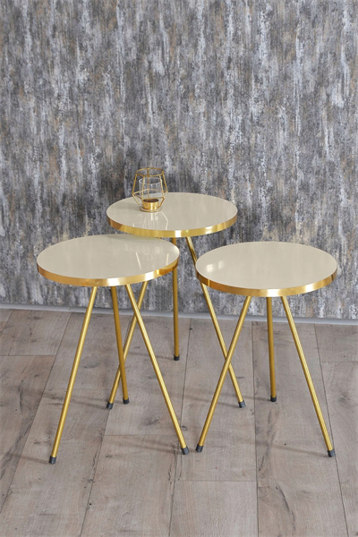 Zigon Sehpa ve Orta Sehpa Elips Gold Metal Ayak Gold Krem Set