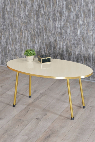Zigon Sehpa ve Orta Sehpa Elips Gold Metal Ayak Gold Krem Set