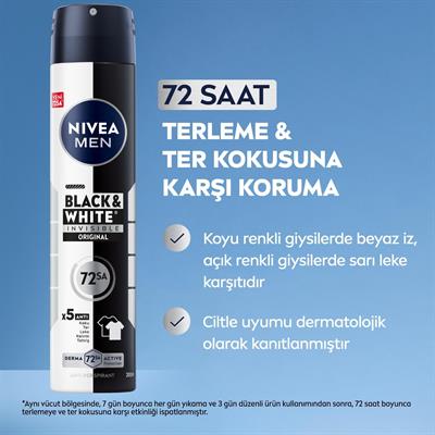 NIVEA MEN Erkek Sprey Deodorant Black&White Invisible Original 200ml, 72 Saat Anti-Perspirant Ter Koruması