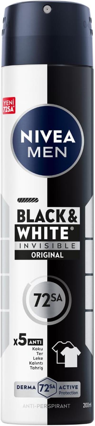 NIVEA MEN Erkek Sprey Deodorant Black&White Invisible Original 200ml, 72 Saat Anti-Perspirant Ter Koruması