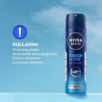 NIVEA MEN Erkek Sprey Deodorant Fresh Active 150ml, Ter ve Ter Kokusuna Karşı 48 Saat Deodorant Koruması