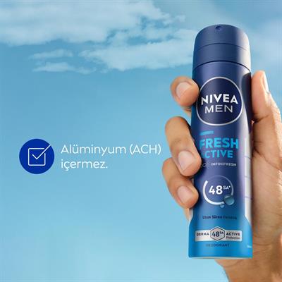 NIVEA MEN Erkek Sprey Deodorant Fresh Active 150ml, Ter ve Ter Kokusuna Karşı 48 Saat Deodorant Koruması