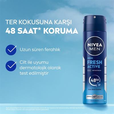 NIVEA MEN Erkek Sprey Deodorant Fresh Active 150ml, Ter ve Ter Kokusuna Karşı 48 Saat Deodorant Koruması