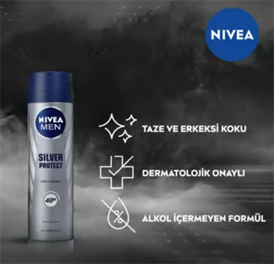 NIVEA Men Erkek Sprey Deodorant Silver Protect 48 Saat Anti-perspirant Koruma (150 ml)