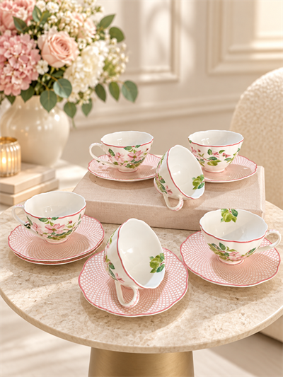 DekuvaDekuva Ze Gallert Tea Delight Horticool Pembe Desenli 12 Parça 6 Kişilik Kahve Fincanı Takımı40hc2