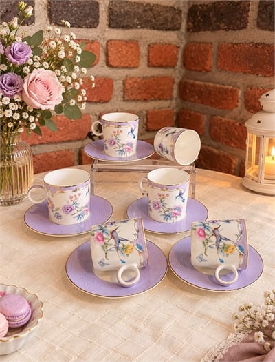 DekuvaDekuva Ze Gallert Tea Delight Lila Çiçekli 12 Parça 6 Kişilik Kahve Fincanı Takımılila