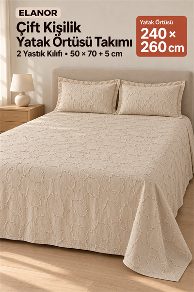 Elanor Çift Kişilik Yatak Örtüsü Takımı 240x260 cm – 2 Yastık Kılıflı, Bej