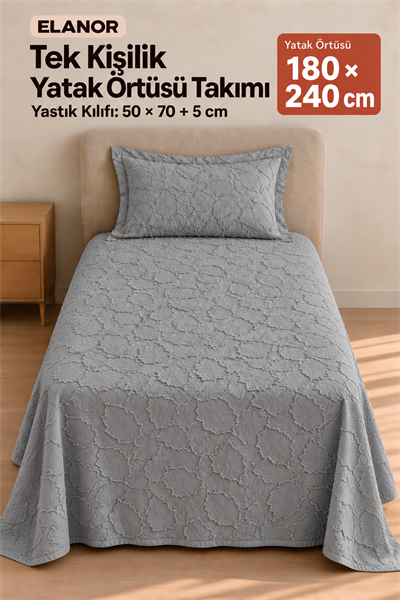 Elanor Tek Kişilik Yatak Örtüsü Takımı 180x240 cm – 1 Yastık Kılıflı, Gri