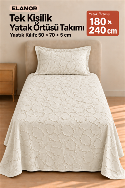 Elanor Tek Kişilik Yatak Örtüsü Takımı 180x240 cm – 1 Yastık Kılıflı, Krem