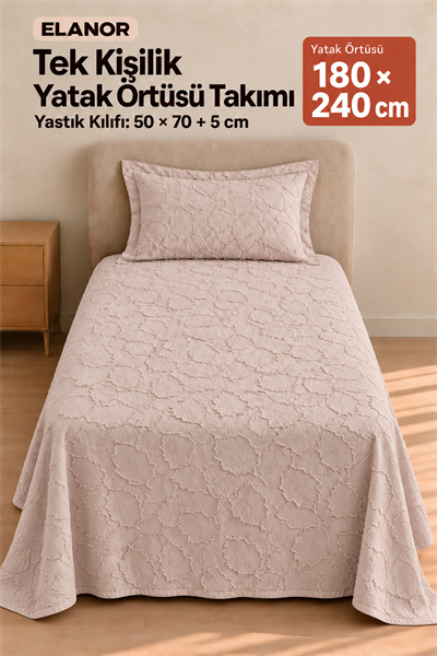 Elanor Tek Kişilik Yatak Örtüsü Takımı 180x240 cm – 1 Yastık Kılıflı, Pudra
