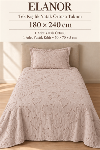 Elanor Tek Kişilik Yatak Örtüsü Takımı 180x240 cm – 1 Yastık Kılıflı, Pudra