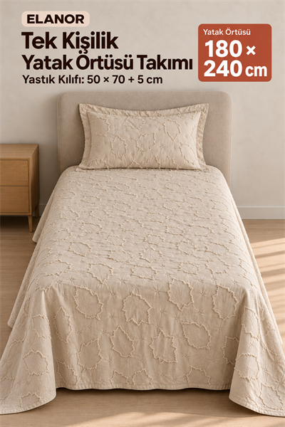 Elanor Tek Kişilik Yatak Örtüsü Takımı 180x240 cm – 1 Yastık Kılıflı, Bej