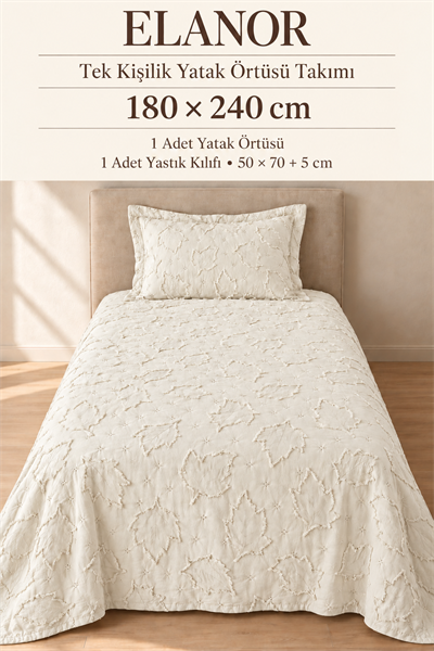 Elanor Tek Kişilik Yatak Örtüsü Takımı 180x240 cm – 1 Yastık Kılıflı, Krem