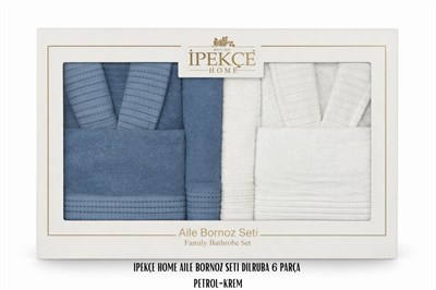 İpekçe Dilruba 6 Parça %100 Pamuk Aile Bornoz Seti - Petrol-Krem