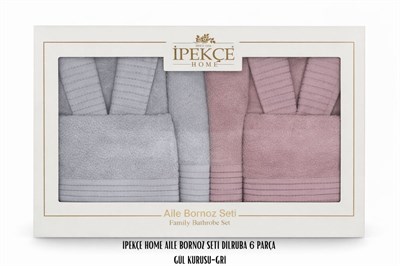 İpekçe Dilruba 6 Parça %100 Pamuk Aile Bornoz Seti - Petrol-Krem