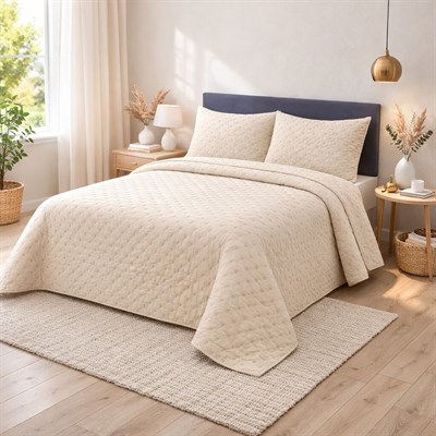 İpekçe Flore 3 Parça Çift Kişilik Yatak Örtüsü Seti - Bej Modern Dokulu ve Şık Yatak Örtüsü