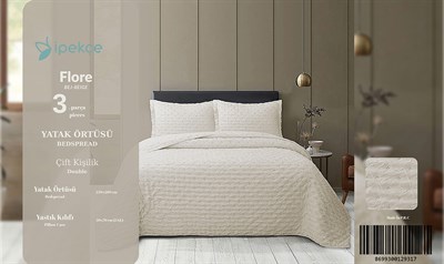 İpekçe Flore 3 Parça Çift Kişilik Yatak Örtüsü Seti - Bej Modern Dokulu ve Şık Yatak Örtüsü