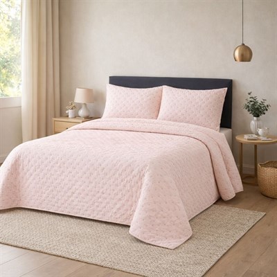 İpekçe Flore 3 Parça Çift Kişilik Yatak Örtüsü Seti - Pembe Modern Dokulu ve Şık Yatak Örtüsü