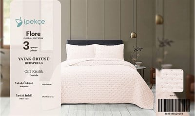İpekçe Flore 3 Parça Çift Kişilik Yatak Örtüsü Seti - Pembe Modern Dokulu ve Şık Yatak Örtüsü