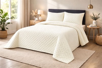 İpekçe Flore 3 Parça Çift Kişilik Yatak Örtüsü Seti - Krem Modern Dokulu ve Şık Yatak Örtüsü