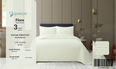 İpekçe Flore 3 Parça Çift Kişilik Yatak Örtüsü Seti - Krem Modern Dokulu ve Şık Yatak Örtüsü