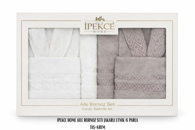 İpekçe Jakarlı Etnik Aile Bornoz Seti - 6 Parça %100 Pamuk Taş-Krem