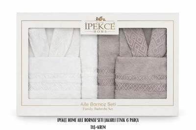 İpekçe Jakarlı Etnik Aile Bornoz Seti - 6 Parça %100 Pamuk Taş-Krem