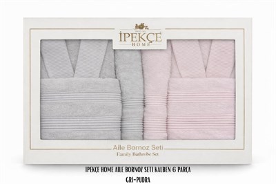 İpekçe Kalben Serisi Pamuklu Aile Bornoz Takımı - Modern Taş & Pudra 6 Parça