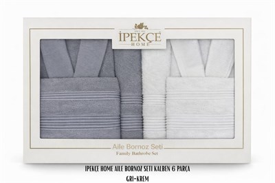 İpekçe Kalben Serisi Pamuklu Aile Bornoz Takımı - Modern Gri & Krem 6 Parça