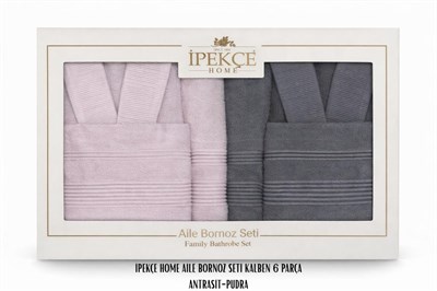 İpekçe Kalben Serisi Pamuklu Aile Bornoz Takımı - Modern Antrasit & Pembe 6 Parça