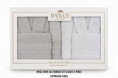 İpekçe Kalben Serisi Pamuklu Aile Bornoz Takımı - Modern Krem & Kapuçino 6 Parça