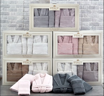 İpekçe Kalben Serisi Pamuklu Aile Bornoz Takımı - Modern Antrasit & Pembe 6 Parça