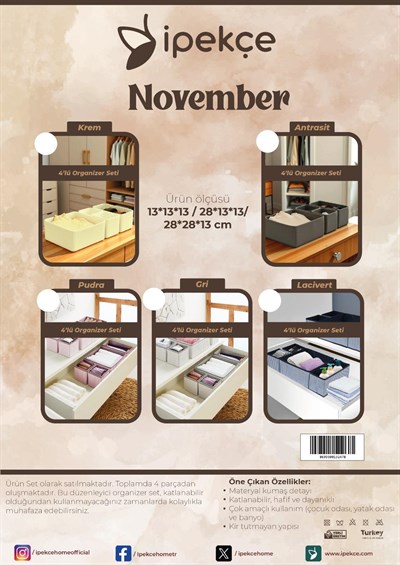 İpekçe November Serisi Pamuklu 4lü Organizer Paketi (5 Renk Seçeneği)