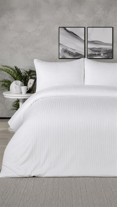 İpekçe Saten Stripe Organic Beyaz Çift Kişilik Nevresim Takımı - 4 Parça