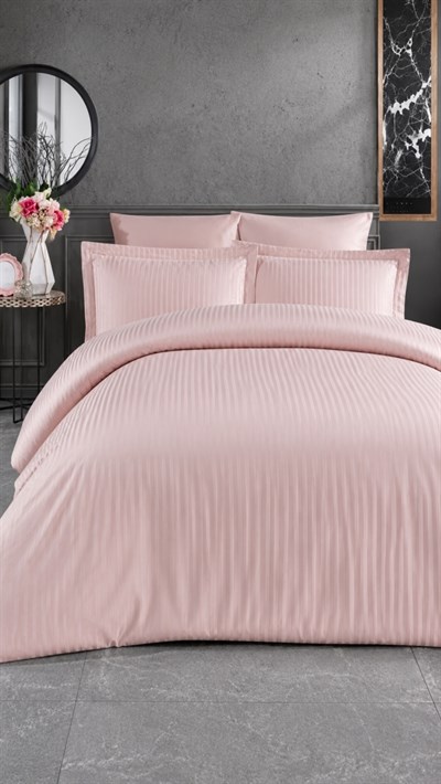 İpekçe Saten Stripe Organic Pudra Çift Kişilik Nevresim Takımı - 4 Parça