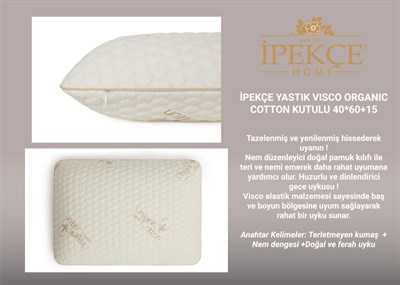 İpekçe Visco Organic Cotton Yastık 40x60+15 cm - %100 Organik Pamuk Kılıflı Boyun Destekli Visco Yastık