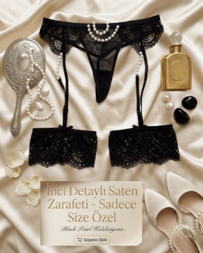 Fantazi İncili Dantelli Jartiyer Külot Siyah PT5684