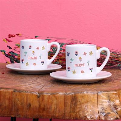 Arkadaşa Hediye Çiçek Tasarımlı İsimli 2'li Türk Kahvesi Fincan Takımı