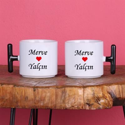 Sevgiliye Hediye İsimli 2'li Romantik T Kupa Bardak Siyah Kulplu