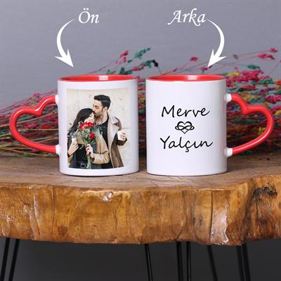Sevgiliye Hediye Kırmızı Kalp Kulplu Fotoğraflı Kişiye Özel 2'li Kupa Bardak Seti