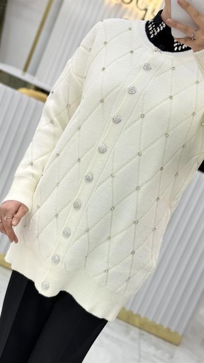 Angora Baklavalı Beyoğlu Taşlı Hırka 7702