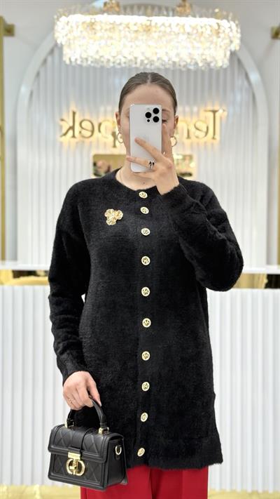 Angora Broşlu Uzun Ceket 7668