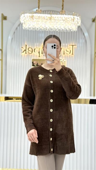 Angora Broşlu Uzun Ceket 7668