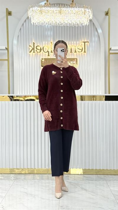 Angora Broşlu Uzun Ceket 7668