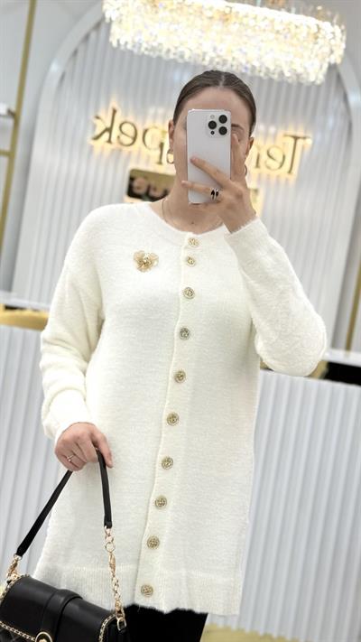Angora Broşlu Uzun Ceket 7668