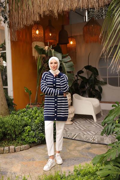 Angora Çizgili Uzun Ceket 7538