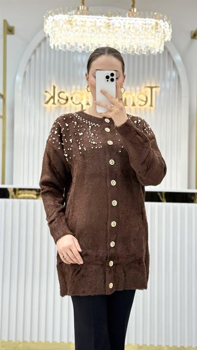 Angora İncili Uzun Ceket 7585
