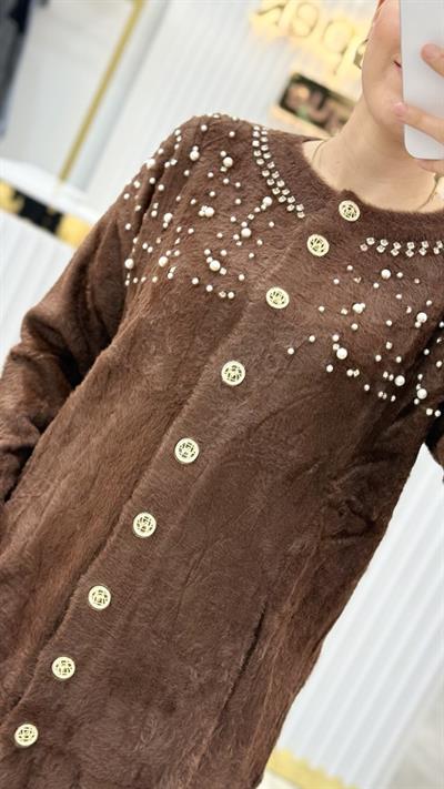 Angora İncili Uzun Ceket 7585
