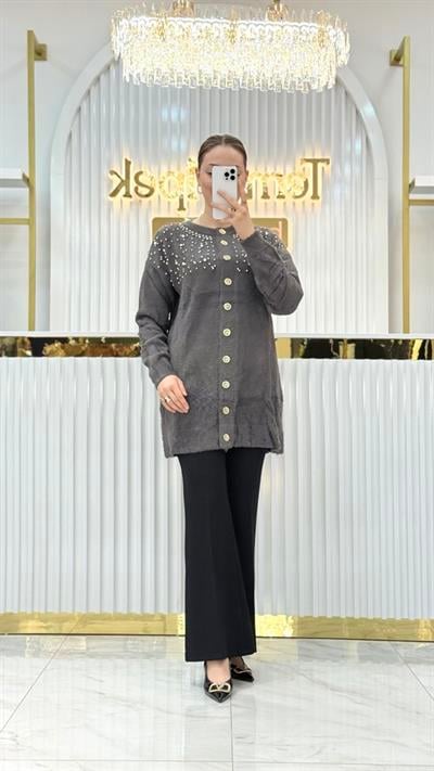 Angora İncili Uzun Ceket 7585