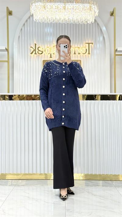 Angora İncili Uzun Ceket 7585